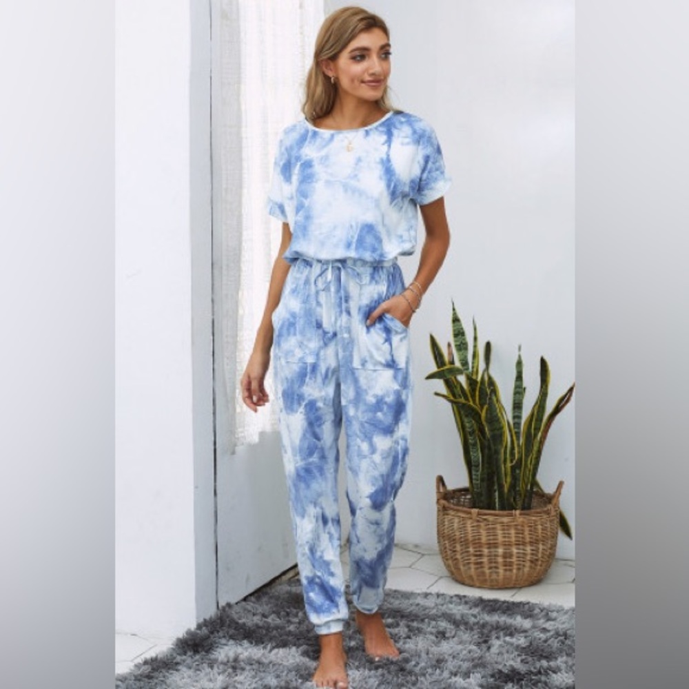 Blue Pocketed Tie Dye Knit Jumpsuit. NWT. - Picture 1 of 16